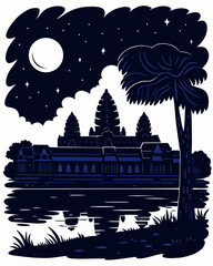 Angkor Wat Under Night Sky &ndash; Vector Illustration