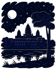 Angkor Wat Under Night Sky &ndash; Vector Illustration