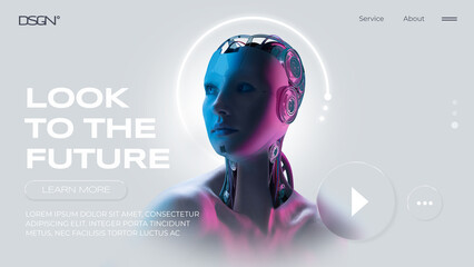 Digital artwork. Artificial intelligence robot face with neon glow in futuristic interface design. Concept of AI-driven innovation, fintech development, web 3.0, and blockchain education for startups.