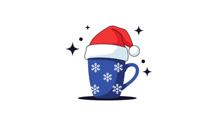 Festive blue snowflake mug adorned with a Santa hat and sparkling stars. It represents a cozy winter drink.