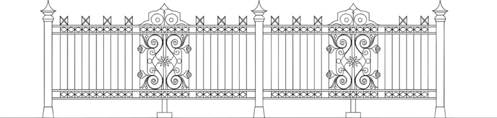 Obraz premium Wrought iron fence design, vector illustration, CAD drawing, ornamental metalwork, scrollwork, floral motifs, finials, posts, symmetrical layout