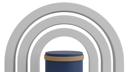 3D A blue cylindrical podium is positioned in front of a series of concentric light gray arches