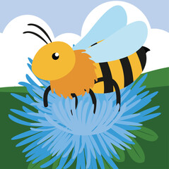 Bee on a flower. Vector illustration in cartoon style. Flat design.