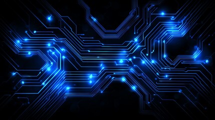 A vibrant depiction of a blue circuit board design with glowing connections