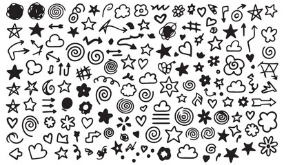 Collection of hand drawn doodle elements including stars hearts arrows clouds flowers and swirls isolated on white background