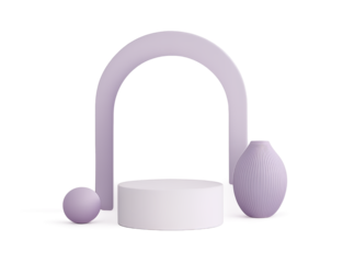 Minimalist geometric scene isolated on transparent background arch, vase, cylinder podium and ball in pastel purple color abstract background for cosmetic product display presentation