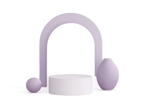 Minimalist geometric scene isolated on transparent background arch, vase, cylinder podium and ball in pastel purple color abstract background for cosmetic product display presentation