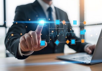 Businessman interacting with glowing digital interface data visualization on touchscreen