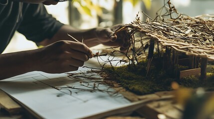 Architect Building NatureInspired Model Home with Moss and Sticks, Creative Design Process