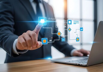 Businessman interacts with glowing digital interface and futuristic technology using laptop in office setting