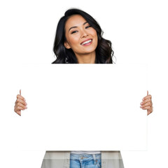 Smiling woman holding a blank white sign with her hands and looking at the camera.