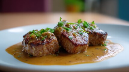 Deliciously Grilled Meat Pieces Served on a Plate with Savory Sauce and Fresh Herb Garnish, Perfect for Culinary Imagery and Food Blogging