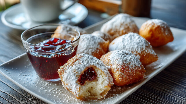 A plate of beignets with powdered sugar and a side of jam next to a cup of coffee