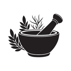 Mortar and pestle silhouette with botanical leaf elements