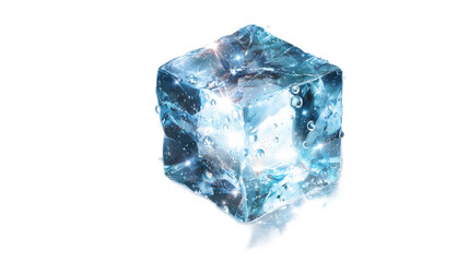 Obraz premium Crystal Clear Ice Cube with Water Droplets in Bright Light on a Transparent Background