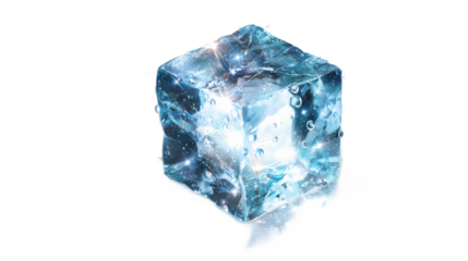 Crystal Clear Ice Cube with Water Droplets in Bright Light on a Transparent Background