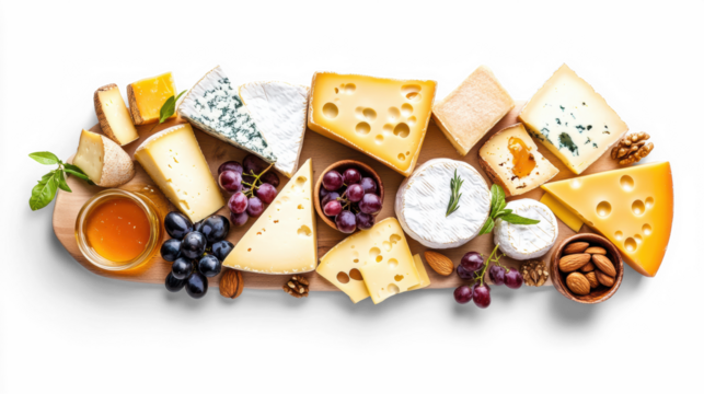 Assorted Cheese Platter with Grapes and Nuts on Transparent Background