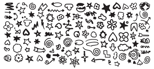 Collection of hand drawn doodle icons and symbols featuring stars flowers swirls hearts arrows and abstract shapes on white background