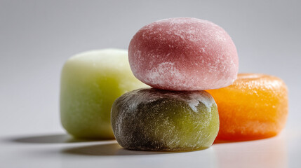 Close up of stacked colorful mochi desserts on a white surface in a studio setting