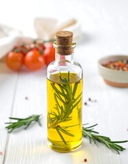 Aromatherapy oil in bottle with sprig, tomatoes, and spices