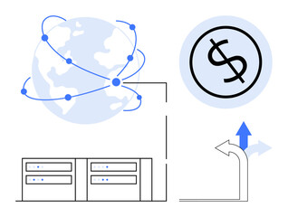 Globe with connected points, servers, dollar sign symbol, and arrow for decision. Ideal for finance, global trade, networking, technology, business planning data management simple flat metaphor