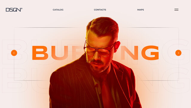 Graphic collage. Confident businessman in red lighting with futuristic typography and digital layout design. Concept of blockchain fintech innovation, and startup brand identity transformation.