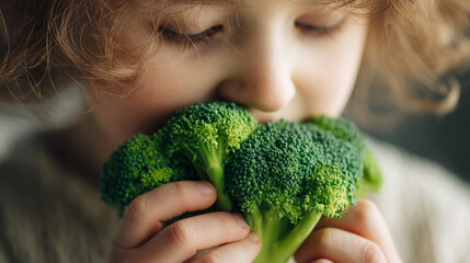 A young child smelling fresh green broccoli held in their hands close to their face indoors