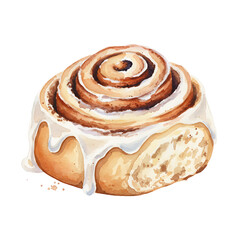 Fototapeta premium Watercolor painting of a cinnamon roll with white icing.