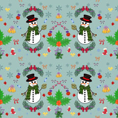 Christmas fabric art, abstract, ethnic, green background, snowman for textile, clothes, curtains, carpets, pillows, bags, decorations, vector illustration.