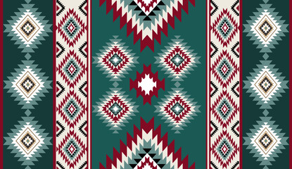 Seamless geometric ethnic pattern inspired by Native American tribal fabric. Traditional Aztec and Navajo style carpet and tile vector design on navy  background. Perfect for textile, wrapping,