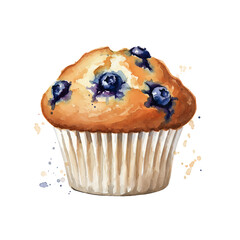 A delicious blueberry muffin with a golden-brown top, painted in a watercolor style on a white background.
