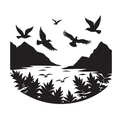 Flying Birds Over Misty Lake Silhouette Artwork
