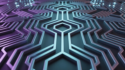 Abstract Circuit Board Pattern with Hexagons and Glowing Lights, Futuristic Technology Background, Artificial Intelligence and Neural Network Concept