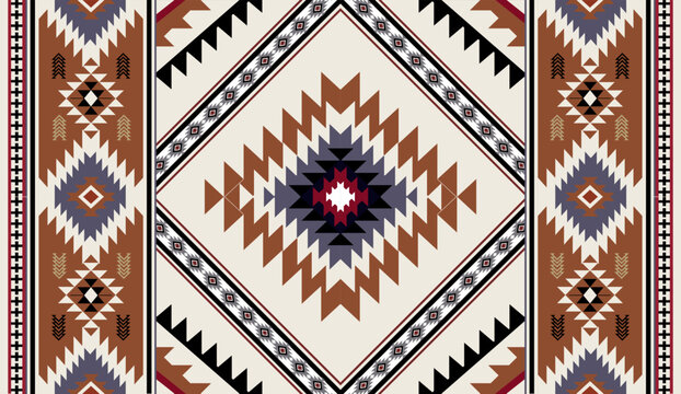 Seamless geometric ethnic pattern inspired by Native American tribal fabric. Traditional Aztec and Navajo style carpet and tile vector design on navy blue background. Perfect for textile, wrapping,