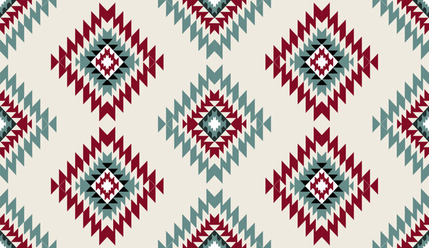 Seamless geometric ethnic pattern inspired by Native American tribal fabric. Traditional Aztec and Navajo style carpet and tile vector design on navy  background. Perfect for textile, wrapping,