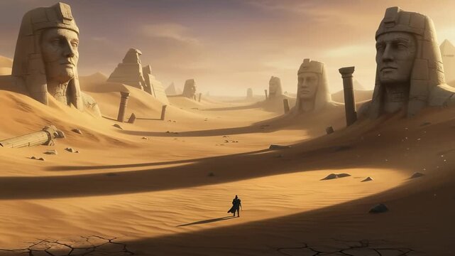 A lone wanderer explores a lost civilization of giant statues buried in the desert &mdash; an epic fantasy landscape.