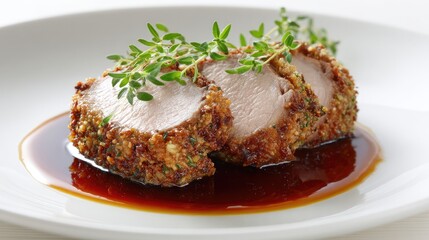 Delicious herb-crusted pork tenderloin with savory sauce garnished with fresh thyme on a white plate, showcasing culinary artistry for food lovers and chefs.