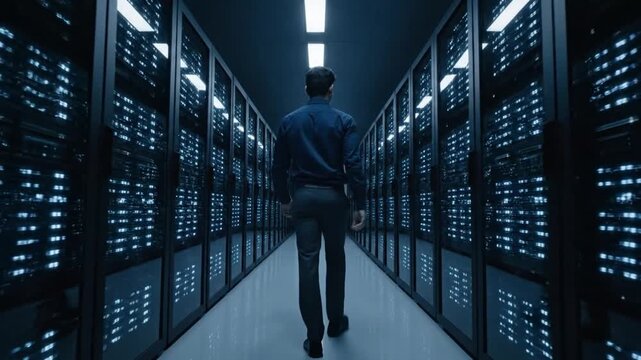 Continuous tracking shot following an IT specialist in a data center server room.