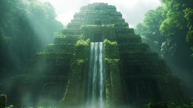 A majestic waterfall emerges from a lost jungle pyramid overgrown with ancient ruins &mdash; a cinematic discovery scene.