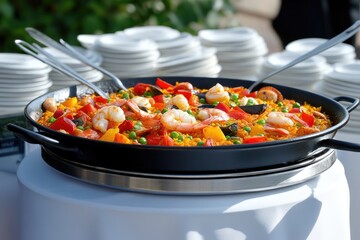 Chef presenting colorful seafood paella dish in large pan outdoors