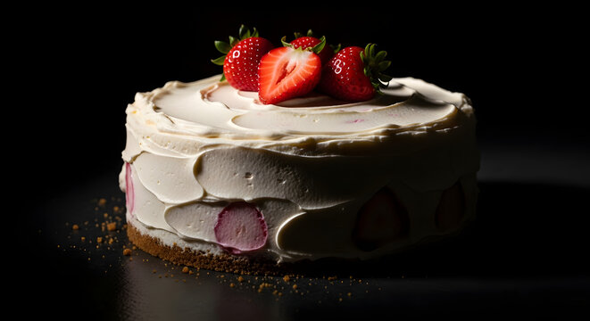 Delightful strawberry cake presentation under the low-key lighting setup with dark backdrop
