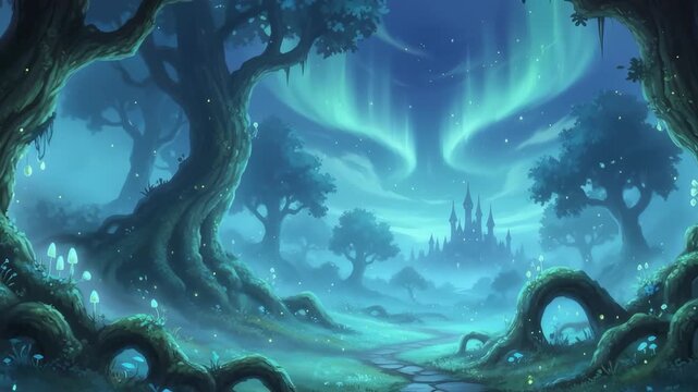 Magical aurora borealis illuminates a path through an enchanted forest to a fantasy castle &mdash; a serene fairytale landscape.