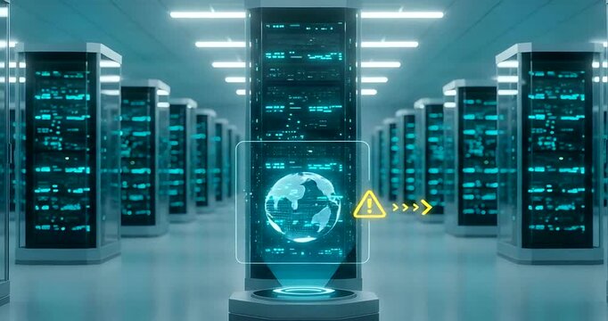 Data center servers with digital globe and warning sign modern technology infrastructure for cloud computing information storage and cybersecurity - Powered by Adobe