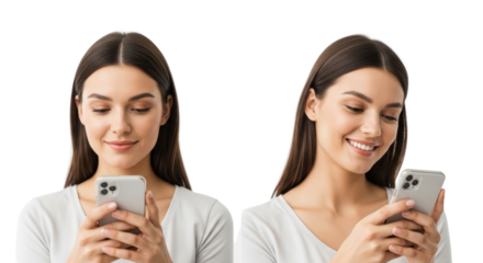 Attractive young woman happily using and looking at mobile phone for communication and apps. isolated PNG with Transparent Background