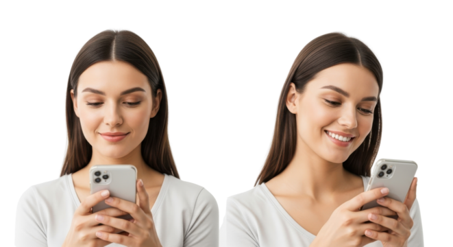 Attractive young woman happily using and looking at mobile phone for communication and apps. isolated PNG with Transparent Background