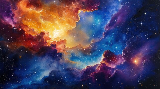 A stunning, colorful depiction of cosmic clouds and stars, showcasing the beauty of space with vibrant hues of blue, orange, and purple.