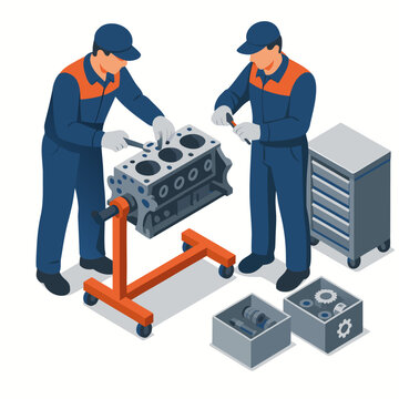 Skilled mechanics expertly repairing an engine block in a modern auto repair shop interior design