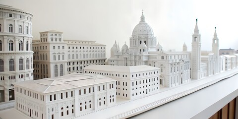 A detailed architectural model of a cityscape featuring white buildings, domes, and towers. The structures are intricately designed and arranged in a linear layout.