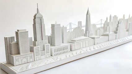 Naklejka premium A detailed white architectural model of a city skyline featuring skyscrapers and bridges. The design showcases modern urban architecture.