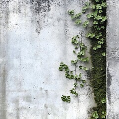 Green vines and moss climb textured concrete wall in an urban environment with natural light exposure.